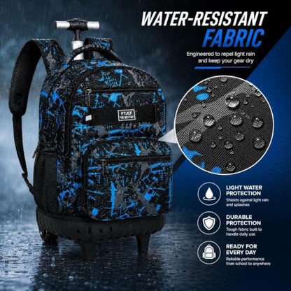 3Pcs Rolling Backpack for Boys, Men Roller Bag with Wheels for Adults, 19 Inche Graffiti Wheeled Bookbag with Lunch Box(Blue) - color: Graffiti Blue