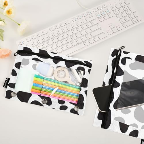 SUABO Black and White Cow Print Pencil Pouch for 3 Ring Binder, 2 PCS Binder Pencil Pouch with Zipper, Clear Window Zipper Pencil Case Pencil Bags for School Office Supplies - color: Cow
