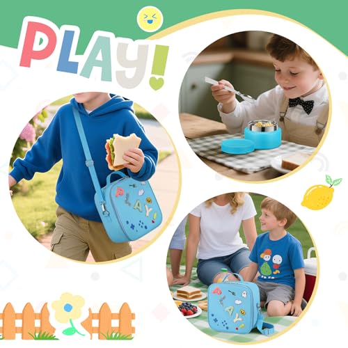 Kids Bento Box - 4 Compartment, Leak-Proof, with Soup Thermo | 9oz Soup Thermo Included, Insulated Lunch Bag, For Boys & Girls, School & Travel - color: Play-Blue