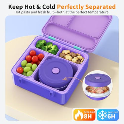 Bento Box for Kids, Lunch Box with Sticker and Leak-Proof Vacuum Food Jar, 4 Compartment BPA-Free Toddler Bento Box for School, Machine-Washable and Removable Compartments for Boy(Purple) - color: Purple