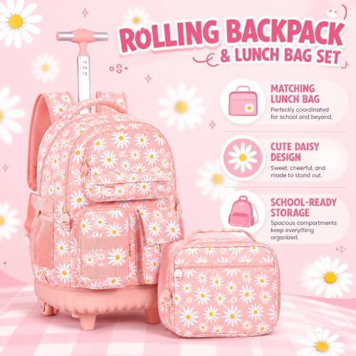 WZLVO 3PCS Rolling Backpack for Girls, Water Resistance Roller Bookbag, Women Aesthetic Wheeled School Bag Set with Lunch Bag & Pencil Bag for Teens & Kids - Pink Chrysanthemum - color: 3pcs Girls Rolling Backpack - Pink Chrysanthemum