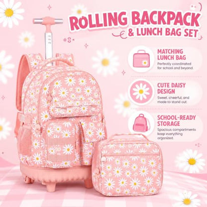 WZLVO 3PCS Rolling Backpack for Girls, Water Resistance Roller Bookbag, Women Aesthetic Wheeled School Bag Set with Lunch Bag & Pencil Bag for Teens & Kids - Pink Chrysanthemum - color: 3pcs Girls Rolling Backpack - Pink Chrysanthemum