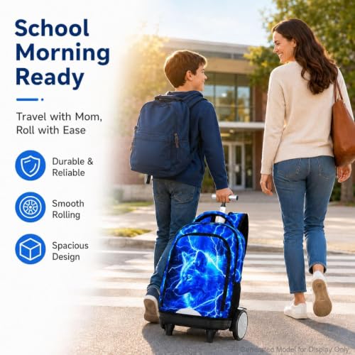 3Pcs Large Rolling Backpack for Boys, 20 Inch Detachable Wheeled Bookbag with Lunch Box, Durable Lightning Wolf Roller Backpack for Elementary Middle School (Blue) - color: Large Wheels Wolf Blue