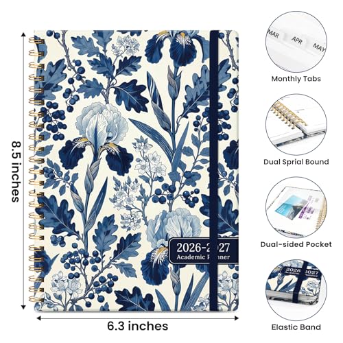 Planner 2026-2027, Academic Planner Weekly and Monthly, Jul 2026 - Jun 2027, Spiral Bound School Planning Tool with Tabs and Pocket, Perfect for Students & Teacher, 6.3" x 8.5", Blue Heirloom - color: I-Blue Heirloom, size: 6.3"x8.5" (A5)