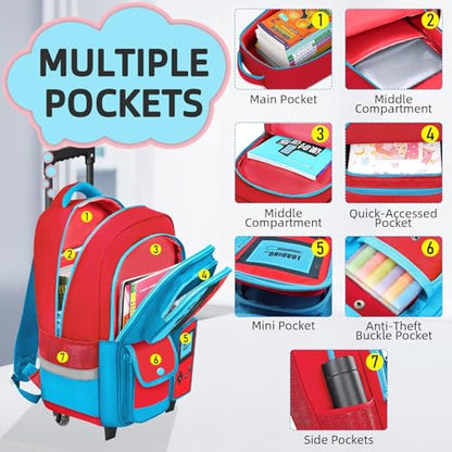 TILYTADLY Kids Rolling Backpack for Boys - 3PCS Gamer Boys Rolling Backpack with Lunch Box Set, Wheeled Travel Bookbag for Elementary Middle School, Lightweight Roller School Bag - color: red-blue-Backpack set