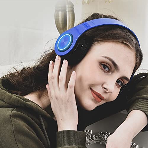 Kids Bluetooth Over Ear Headphones, Colorful LED Lights Headphones with Built-in Mic, Bluetooth 5.0, Wired and Wireless Foldable Stereo Headphones for Classroom/Home Office/Tablet/Airplane(Blue) - color: Blue