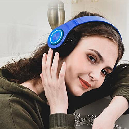 Kids Bluetooth Over Ear Headphones, Colorful LED Lights Headphones with Built-in Mic, Bluetooth 5.0, Wired and Wireless Foldable Stereo Headphones for Classroom/Home Office/Tablet/Airplane(Blue) - color: Blue