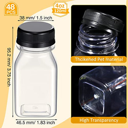 Patelai 48 Pcs Plastic Juice Bottles, 4 oz Shot Bottles with Caps Small Empty Reusable Clear Milk Containers Bulk with Leakproof Lids for Juicing, Smoothies, Coffee, and Cold Beverages (Black) - color: Black, size: 4 oz