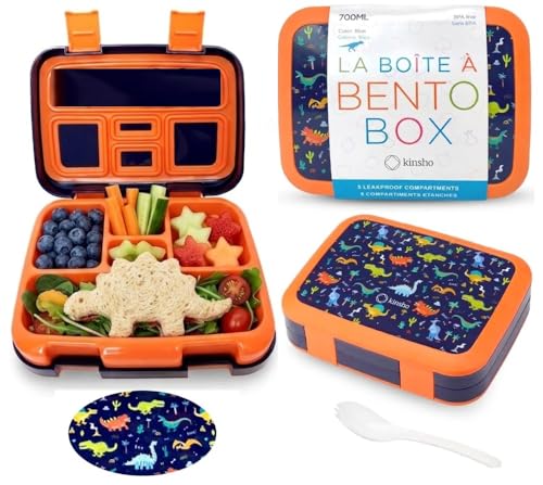 Dinosaur Bento Lunch Box for Boys Toddlers, 5 Portion Sections Secure Lid, Microwave Safe BPA Free Removable Plastic Tray, Pre-School Kid Daycare Lunches Snack Container Ages 3 to 7 Blue Orange - color: Blue Orange Dinosaur Bento