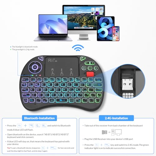 Rii X8 Mini Keyboard,Upgrade 2.4GHz Wireless and Bluetooth Keyboard with Touchpad,RGB Backlit,Rechargeable Battery for Android TV Box/Mac/PC/Nvidia Shield(2.4G+BT Version)