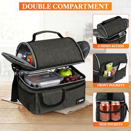 opux Insulated Lunch Bag Women Men, Dual Compartment Leakproof Lunch Box Adults Kids, Double Decker Meal Prep Bento Lunch Cooler Tote with Shoulder Strap for Work Office School Travel, Dark Gray - color: Heather Charcoal