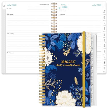 2026-2027 Planner - Planner 2026-2027 from July 2026 - June 2027, Weekly & Monthly Planner Spiral Bound with 12 Monthly Tabs, Inner Pocket, 6.4" x 8.5", Blue Flower - color: Blue-Leaf-Flower, size: 6.4" x 8.5"
