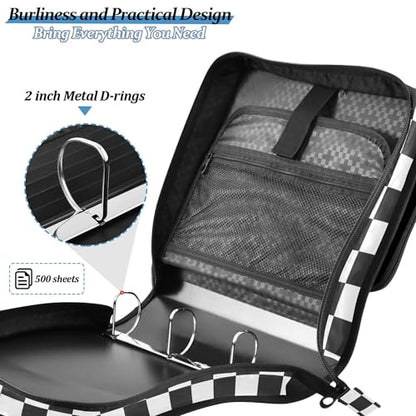 Fisyme Black and White Checkerboard Plaid Zipper Binder 3 Ring with Zipper and Shoulder Strap Large Capacity Multi-Pocket Binder Organizer - color: Multi-black White