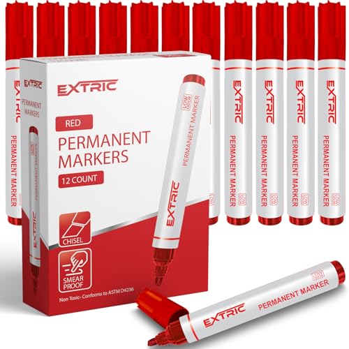 EXTRIC Permanent Markers, Chisel Tip, Red, Quick Drying Ink, Works on Paper, wood, Plastic, metal and Glass, Great for Home, Office and School use - color: Red