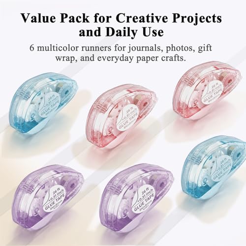 MARCADORUS Glue Tape Roller, 6 Pack Double Sided Tape Roller for Crafts, 26ft x 0.31in Acid-Free Scrapbook Tape Runner, Glue Runner for Scrapbooking Supplies, Journaling, Card Making & Gift Wrapping.
