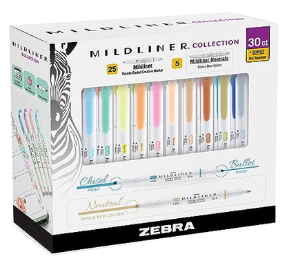 Zebra Pen Mildliner Double-Ended Highlighter Set, Broad and Fine Point Tips, Ideal for Bible Highlighting, No Bleed, 30 Pastel and Neutral ink Colors, Pack of 30