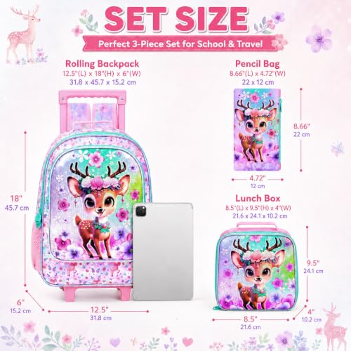 KLFVB Girls Rolling Bookbag, 3PCS Kids Roller Backpack with Lunch Bag, Wheeled School Bag for Children - Deer - color: Uv Printing Peach-blossom Deer Rolling Backpack