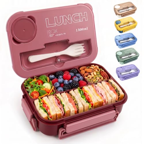 Bento Box Adult Lunch Box, Lunch Containers for Adults 44.5 Oz/5 Cup, Pink | BPA-Free, Lid-Top Sauce Tray, Leak-Proof, 1300mL, Removable Silicone Sealing Ring, Lid-Top Utensil Slot with Included Cutlery - color: Pink