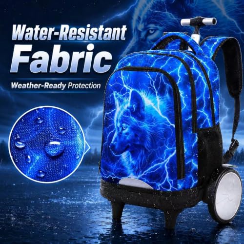 3Pcs Large Rolling Backpack for Boys, 20 Inch Detachable Wheeled Bookbag with Lunch Box, Durable Lightning Wolf Roller Backpack for Elementary Middle School (Blue) - color: Large Wheels Wolf Blue