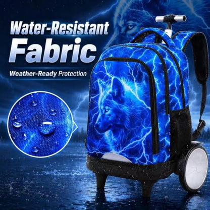 3Pcs Large Rolling Backpack for Boys, 20 Inch Detachable Wheeled Bookbag with Lunch Box, Durable Lightning Wolf Roller Backpack for Elementary Middle School (Blue) - color: Large Wheels Wolf Blue