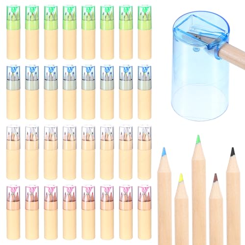 32 Pack Mini Colored Pencils with Sharpener - 6 Colors Mini Drawing Pencil Set 3.3inch Short Fat Colored Pencils in Tube - Small Coloring Pencil Bulk for Adult Coloring Books, Drawing