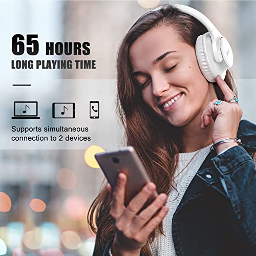 KVIDIO Bluetooth Headphones Over Ear, 65 Hours Playtime Wireless Headphones with Microphone, Foldable Lightweight Headset with Deep Bass, HiFi Stereo Sound Low Latency for Laptop PC Cellphone - color: White