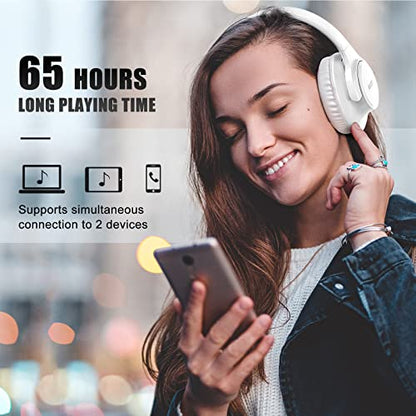 KVIDIO Bluetooth Headphones Over Ear, 65 Hours Playtime Wireless Headphones with Microphone, Foldable Lightweight Headset with Deep Bass, HiFi Stereo Sound Low Latency for Laptop PC Cellphone - color: White