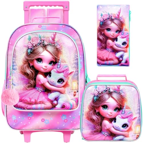 gxtvo Girls Rolling Backpack, Cute Unicorn Roller Wheels Kids Bookbag - Wheeled Elementary School Bag - color: Uv Printing Girls Unicorn Rolling Backpack