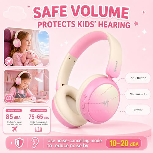 Wireless Headphones for Girls– ANC Active Noise Cancelling, 58H Playtime,Safe Volume Limiter, Foldable Over-Ear Kids Headset with 40mm Drivers for School, Travel & Learning - color: Pink