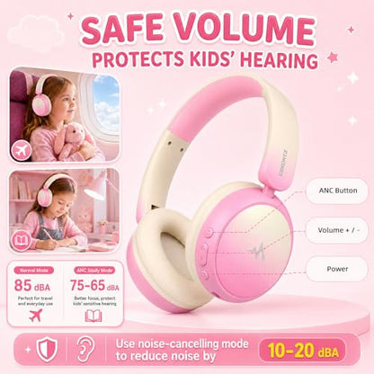 Wireless Headphones for Girls– ANC Active Noise Cancelling, 58H Playtime,Safe Volume Limiter, Foldable Over-Ear Kids Headset with 40mm Drivers for School, Travel & Learning - color: Pink