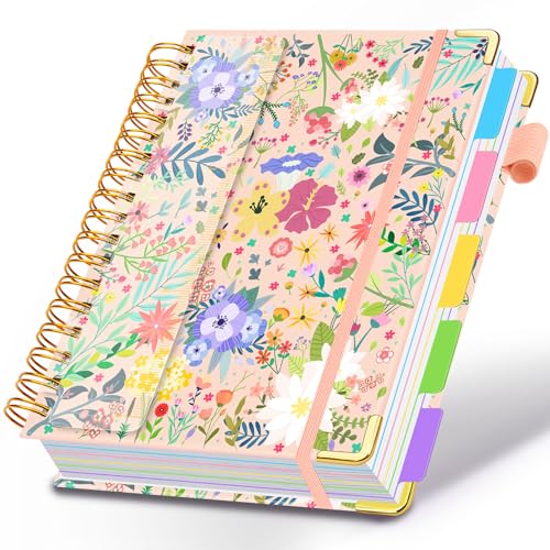 5 Subject Notebook with Removable Dividers& Tabs-B5 300 Pages | Hardcover College Ruled Spiral Notebook with 100 GSM Bleed-Resistant Paper for Women, Work, School Note-Taking (Beige Bloom) - color: Beige Bloom, size: 8''x 10''