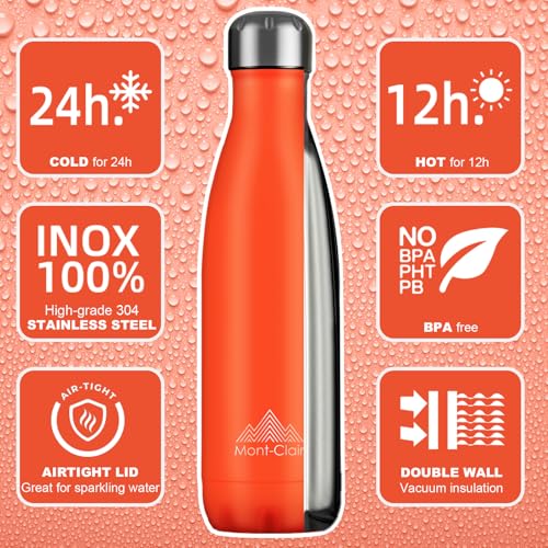 Mont-Clair Stainless Steel Water Bottle, Vacuum insulated - BPA Free, 12h Hot & 24h Cold Drinks, Metal Water Bottle 17 oz Leakproof, Ideal for Adult, Kids, Running - Orange - color: Orange, style: 17 Ounces