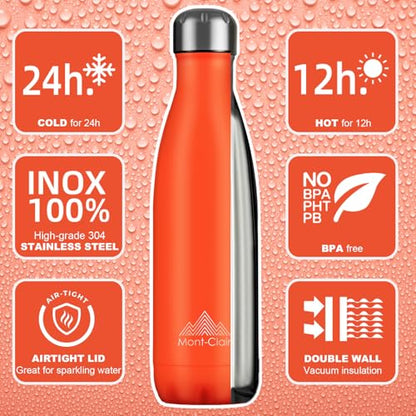 Mont-Clair Stainless Steel Water Bottle, Vacuum insulated - BPA Free, 12h Hot & 24h Cold Drinks, Metal Water Bottle 17 oz Leakproof, Ideal for Adult, Kids, Running - Orange - color: Orange, style: 17 Ounces