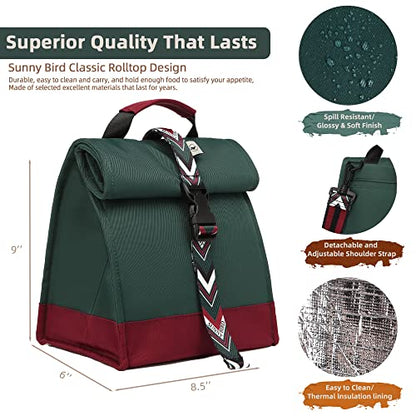 SUNNY BIRD Insulated Lunch Bag Rolltop Lunch Box (Green with Boho strap) - color: Green with Boho strap