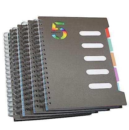 5 Subject Notebook, 4 Pcs 10 Inch x 7 Inch B5 Black Spiral Notebook With Waterproof Plastic Softcover, 300 Pages 80 Gsm College Ruled Papers With 5 Sheets Colorful Movable Dividers (4 Pcs Black) - color: 4 Pcs Black