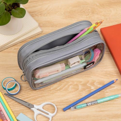 ZIPIT Half & Half Pencil Case, 3 Compartment Zipper Pouch for School, Stationery Bag for Teen Girls Boys and Adults, Grey - color: Grey