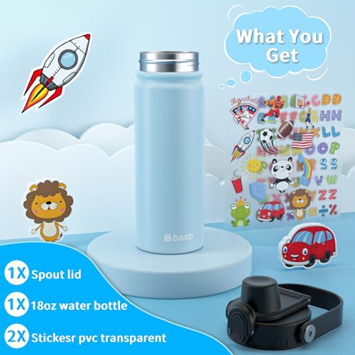 baab 18oz Kids Water Bottle, Insulated Kids Water Bottle with Lockable Spout Lid & Stickers, 18/8 Stainless Steel Vacuum Leakproof Kid Water Cup with Handle for Boy Girl & School (Light Blue, 1 Pack) - color: Light Blue, size: 18 Ounces