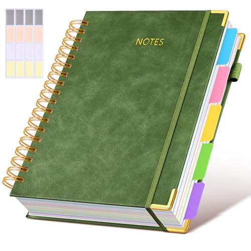 Hardcover Spiral Notebook journal with Removable Dividers Tabs, 300 Pages Leather 5 Subject Notebook College Ruled, 8"x10" Large B5 Notebooks for Work School Note taking, Lined Journal for Women,Green - color: Green, size: 8"x10"