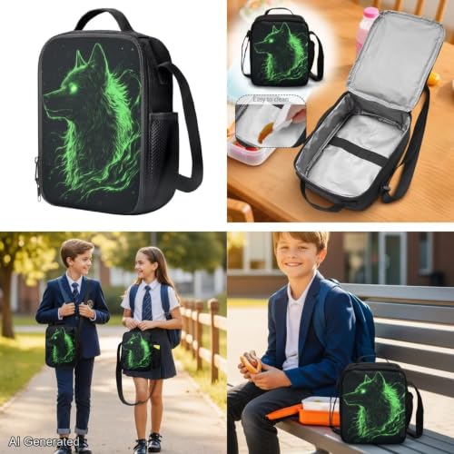 Green Galaxy Wolf Backpack for Girls Boys Backpack with Lunch Box for Boys Set of 4 School Backpacks Matching Combo Back to School Gifts and Pencil Case Pouch for Teens Children Ages 6-12 - color: Cool Green Galaxy Wolf
