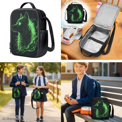Green Galaxy Wolf Backpack for Girls Boys Backpack with Lunch Box for Boys Set of 4 School Backpacks Matching Combo Back to School Gifts and Pencil Case Pouch for Teens Children Ages 6-12 - color: Cool Green Galaxy Wolf