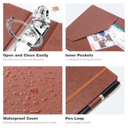 Ospelelf 3 Ring Binder with Clipboard, 1 Inch Leather, Brown, Letter Size (8.5" x 11"), 5 Tab Dividers - color: Reddish Brown, size: Letter Size - 1 Inch