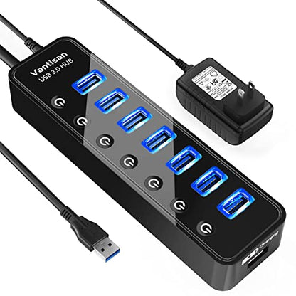 vantisan USB Hub 3.0 Powered, 7 Ports USB Data Hub Splitter with One Smart Charging Port and 5V/4A Powered Adapter and ON/Off Switches for MacBook, Mac Pro/Mini, iMac, Surface Pro Laptop/PC - color: black