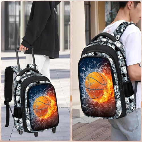 Boys Rolling Backpack for Kids - Basketball Kids Rolling Backpack with Wheels for Elementary Middle School Students - Sport Roller School Bookbag Aged 6-18, Wheeled Travel Bag Large Capacity - color: Basketball-001-backpack Only