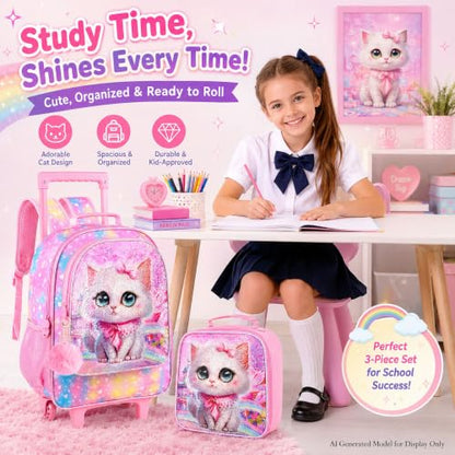 CCJPX 3PCS Rolling Backpack for Girls, Kids Cat Roller Wheels School Bookbag with Lunch Bag, Wheeled School Bag for Toddler Elementary Children - color: Pink Cat