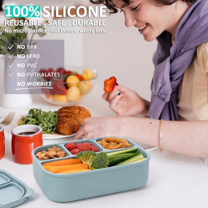 100% Silicone Bento Box Adult with 4 Compartments, 32oz, Reusable Divided Lunch Box Meal Prep Snack Containers for Food Storage, BPA-Free, Plastic-Free, Microwave Dishwasher safe, Nile Blue, 1 Pack - color: Nile Blue | 32oz | 4-Compartment