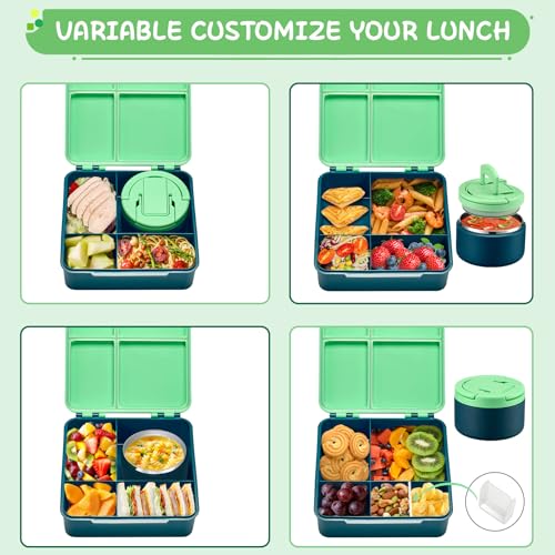 MAXSO Bento Lunch Box Set for Kids with 8 oz Soup Thermo, Leakproof Hot Food Container with 4 Compartments, Insulated Food Jar for Toddler Daycare Boys Girls School - Green - color: Green
