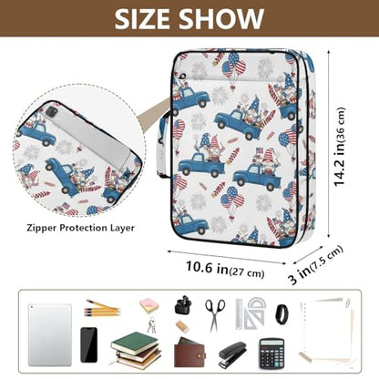 July of 4 Independence Day Gnomes (7) Zipper Binder Bag with Handle,1.25 Inch 3 Ring O-Ring 500 Sheet Capacity 6 Tab Expanding File Folder Storage Pockets Binder for School Office Organizer Supplies