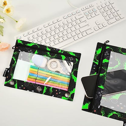 Cool Video Game Zipper Pencil Pouch 3 Ring Binder, Clear Window Pencil Case Bags Daily Office Supplies 2 Pack