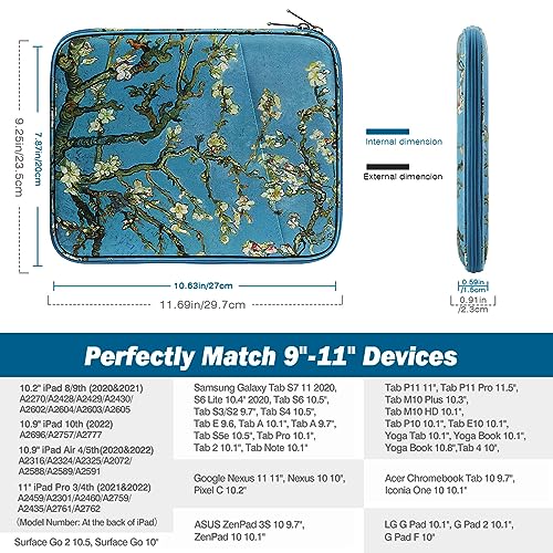 MoKo 9-11 Inch Tablet Sleeve Bag Carrying Case with Accessory Pocket | Fits iPad Air 11-inch M4, iPad Pro 11-inch M5, iPad A16 11-inch, iPad 10/9/8/7th and Tab S9/S8 11-inch, Apricot Flower - color: Apricot Flower, size: 9-11 Inch