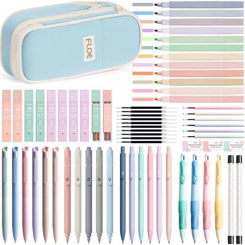 65PCS Aesthetic School Supplies Back to School Supplies Cute Stationary Set | College Essentials Kit with Pencil Case, Pastel Highlighters Gel Pens Mechanical Pencil Set 0.5 0.7 & 2.0mm for Student Girls - color: Blue